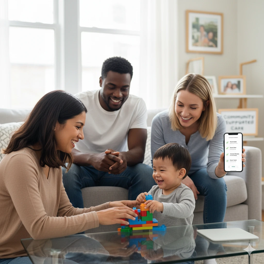 Happy family with babysitter